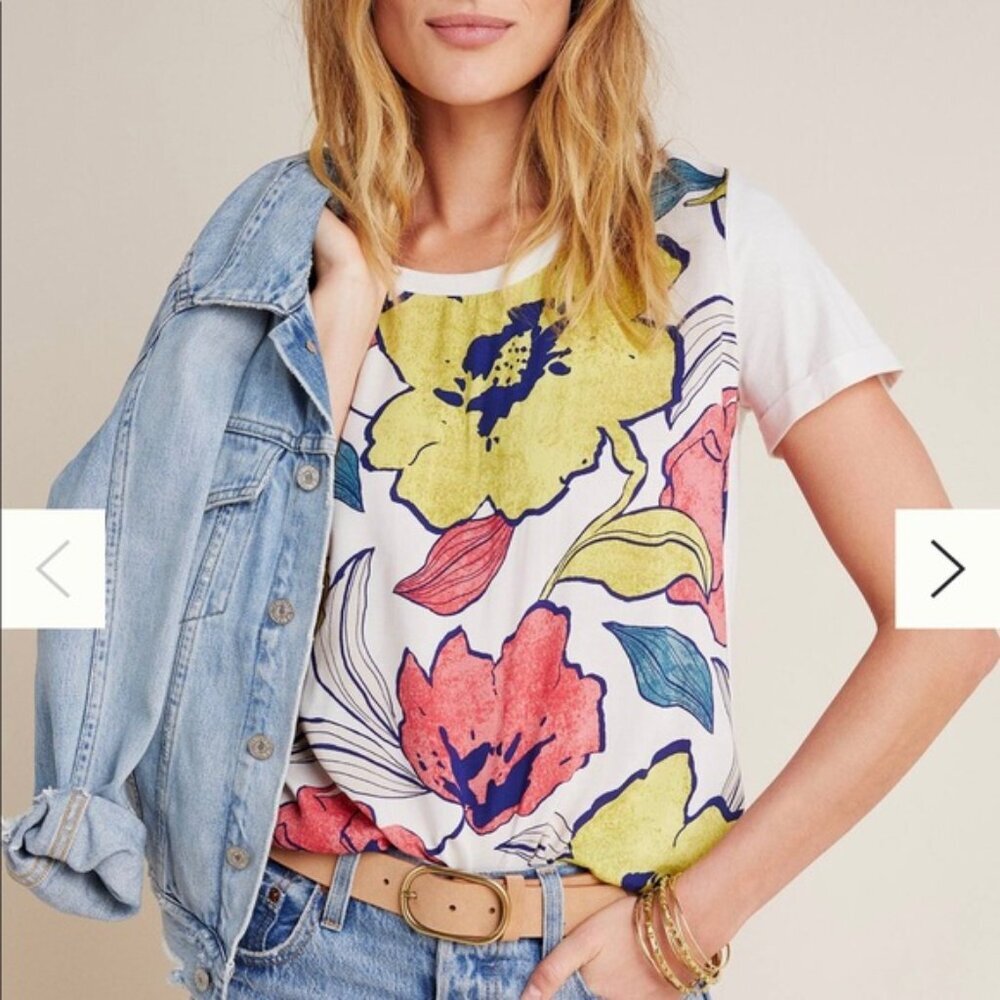 Anthropologie Floral Short Sleeve Tee - Yellow, Pink, Blue